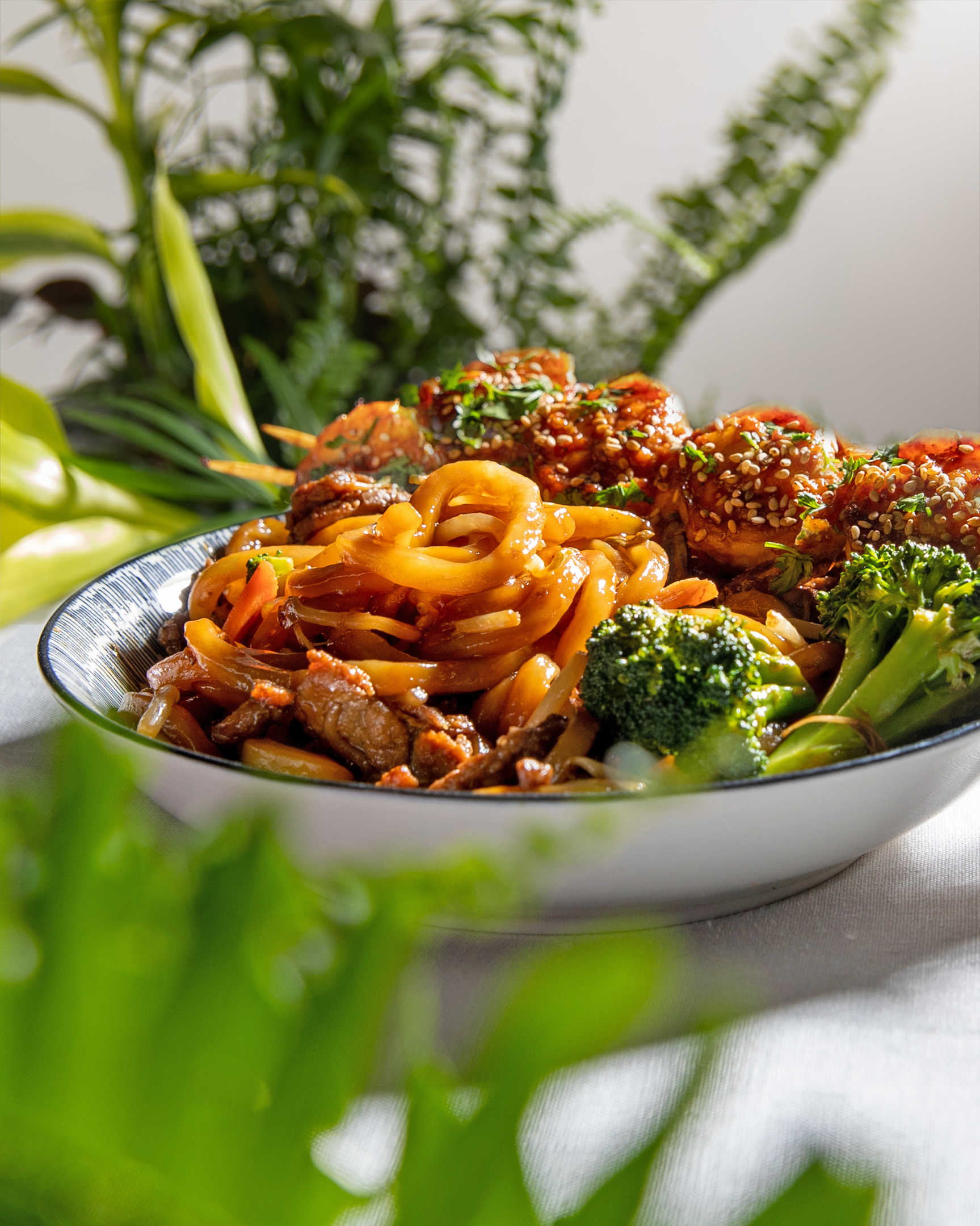 Beef Udon with Honey Garlic Shrimp Skewers