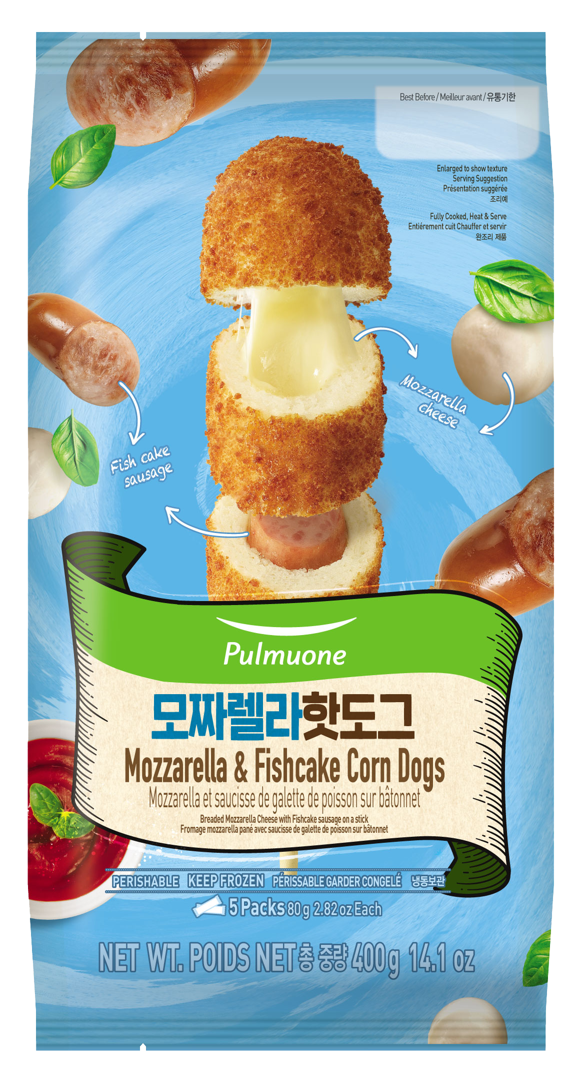 Pulmuone Mozzarella and Fishcake Corn Dogs package